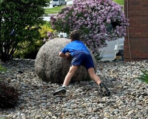 Reed McManigal's son pushing a large garden rock.