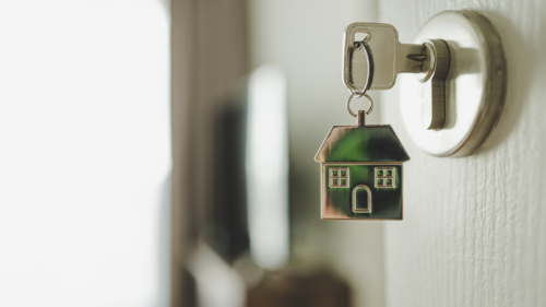 A house key in a door